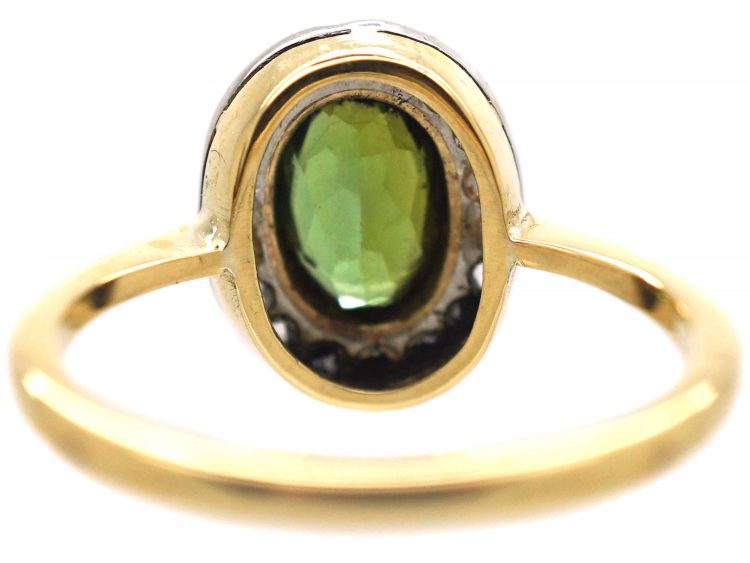 Edwardian 18ct Gold, Green Tourmaline & Rose Diamond Oval Cluster Ring