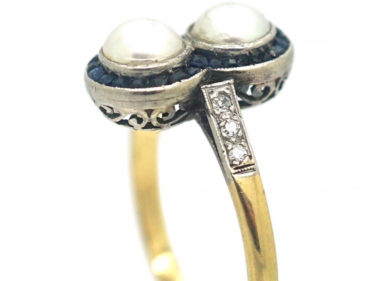 Art Deco 18ct Gold & Platinum, Natural Pearl, Sapphire & Diamond Ring