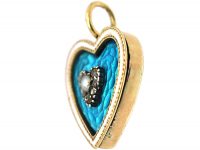 Edwardian 9ct Gold Heart Shaped Pendant with Blue & White Enamel & Rose Diamond & Natural Pearl Heart in the Centre