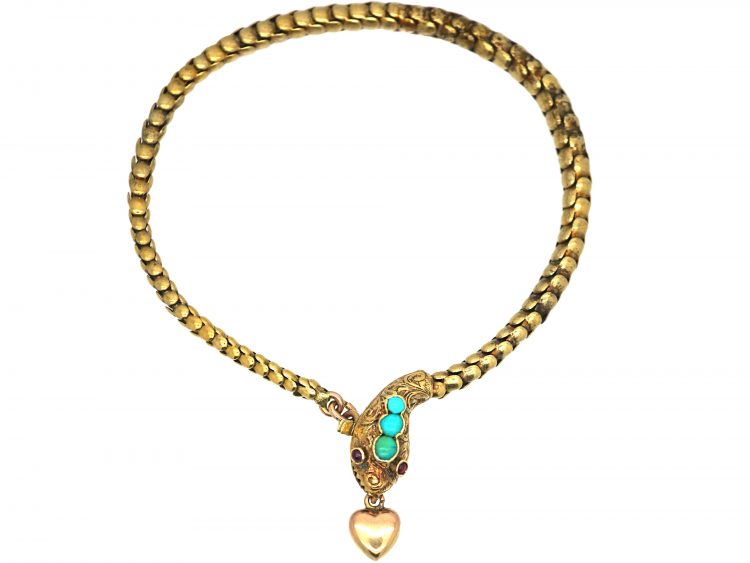 Victorian 15ct Gold Snake Bracelet Set With Turquoise & Heart
