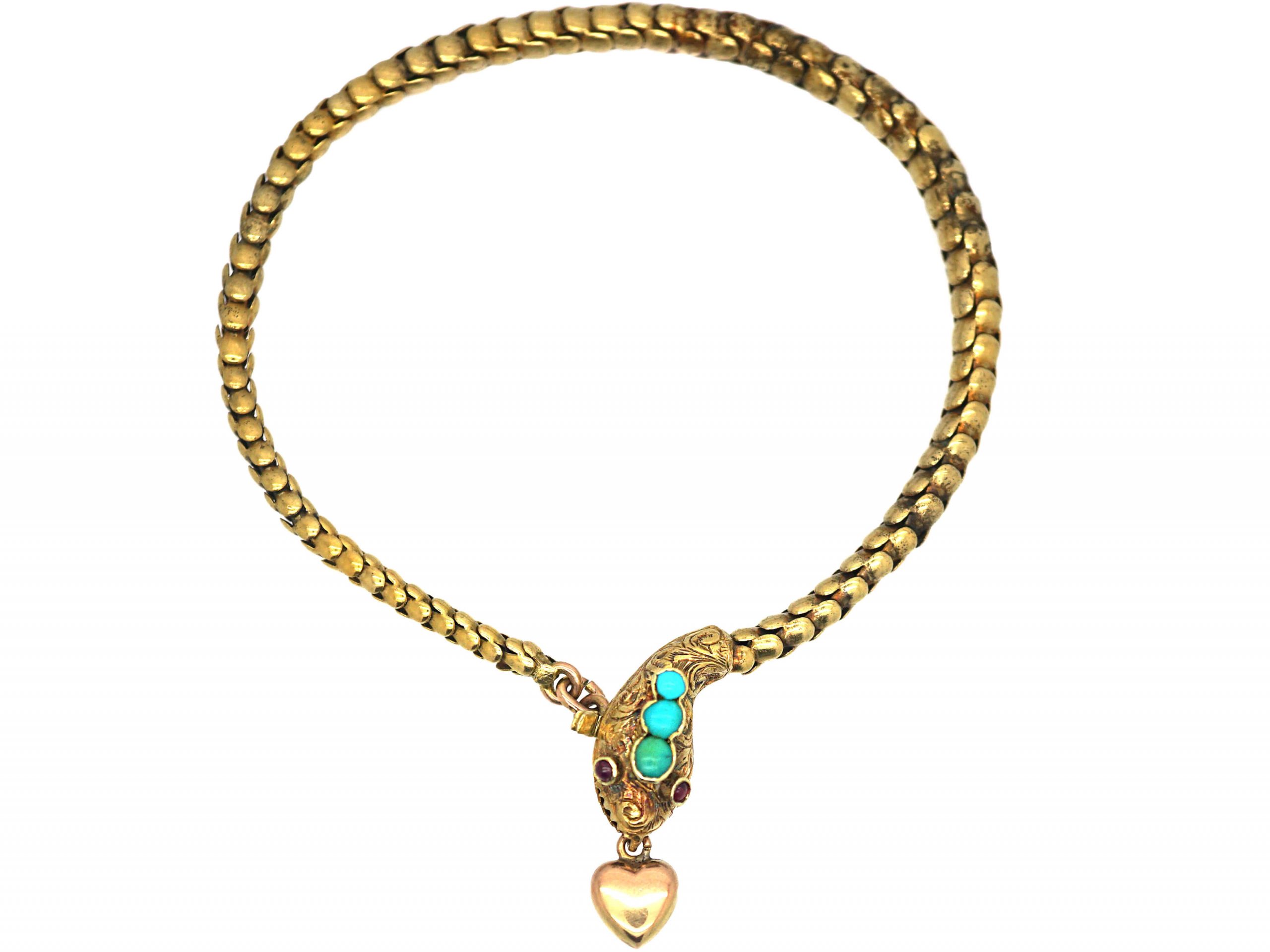 Victorian 15ct Gold Snake Bracelet Set With Turquoise & Heart Victorian 15ct Gold Snake Bracelet Set With Turquoise & Heart