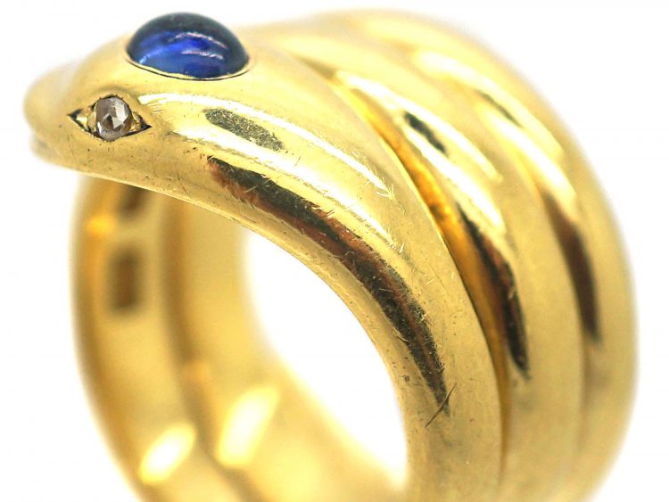 Victorian 18ct Gold Ring set with a Cabochon Sapphire & Rose Diamond Eyes