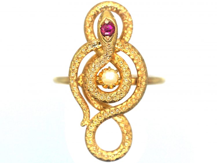 Edwardian 14ct Gold Snake Ring set with  Natural Split Pearl & a Ruby