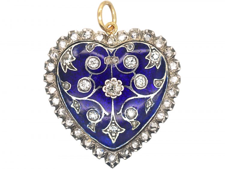 Edwardian 18ct White & Yellow Gold Royal Blue Enamel & Diamond Heart Shaped Pendant