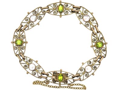 Edwardian 9ct Gold Bracelet set with Peridots & Blister Pearls by Murrle Bennett & Co