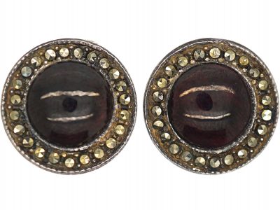 Art Deco Silver, Marcasite & Cabochon Garnet Round Clip On Earrings