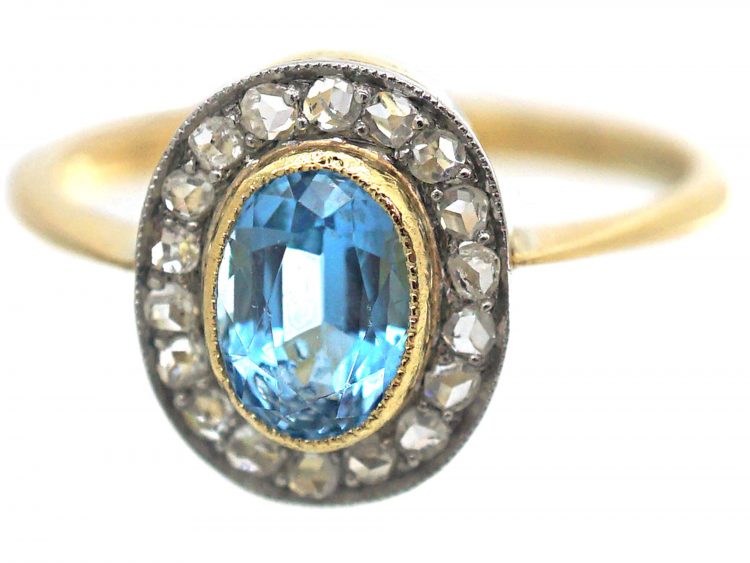 Edwardian 18ct Gold & Platinum, Aquamarine & Rose Diamond Oval Cluster Ring with Millgrain Detail