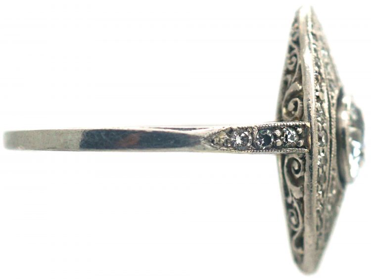 Art Deco Navette Shaped Ring with Large Diamond in the Centre with Small Diamonds Around It