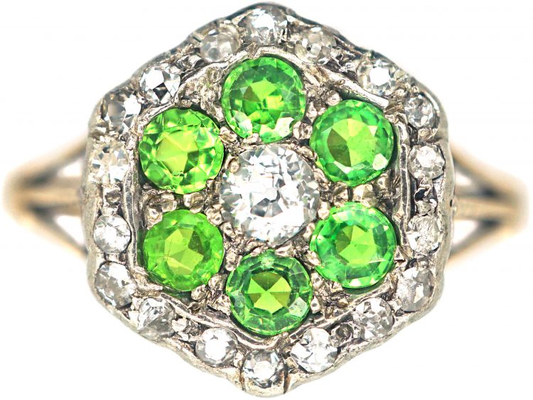 Edwardian 18ct Gold, Green Garnet & Diamond Cluster Ring