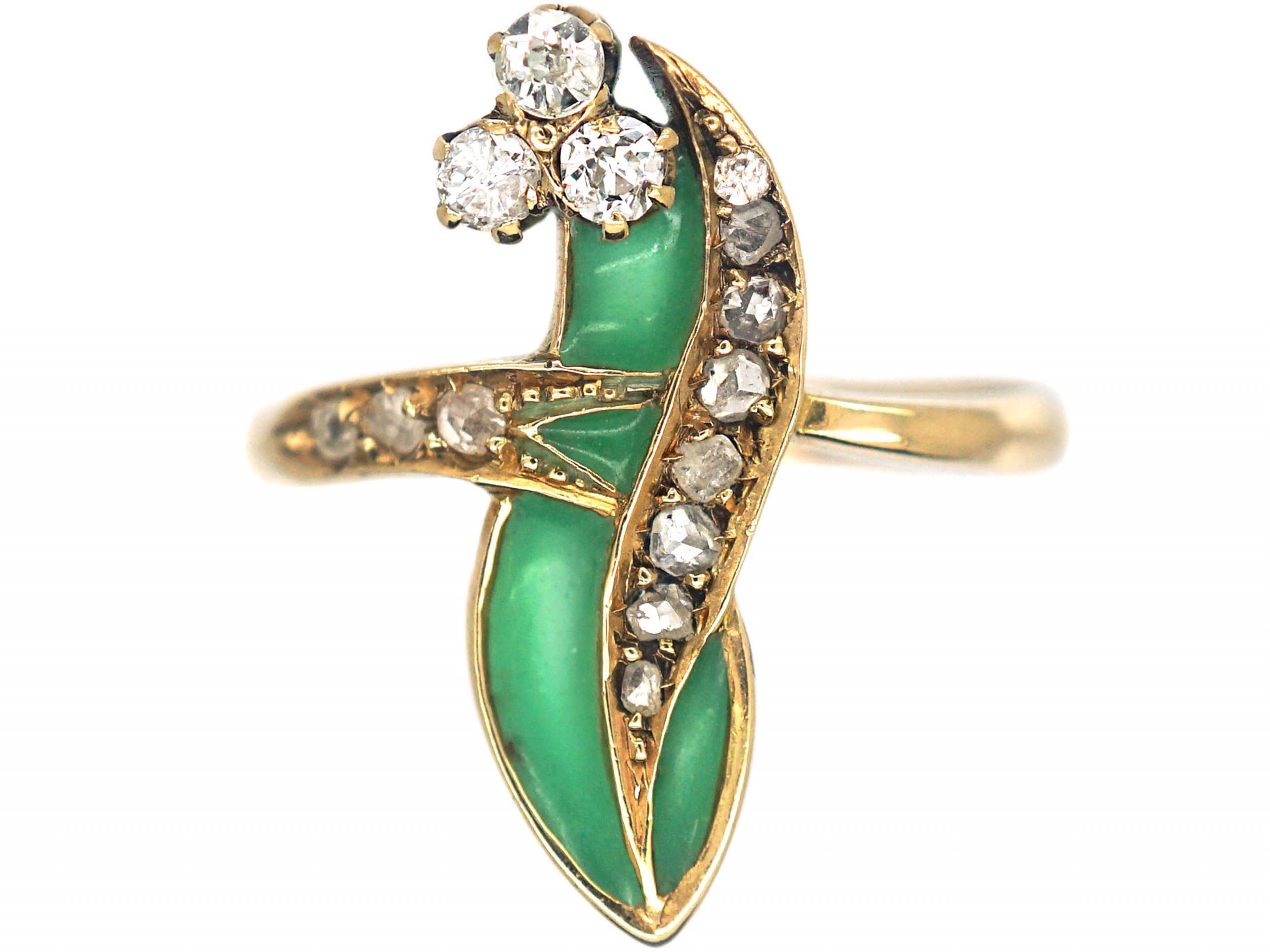 Art Nouveau 18ct Gold Lily of the Valley Ring with Plique a Jour Enamel & Diamonds