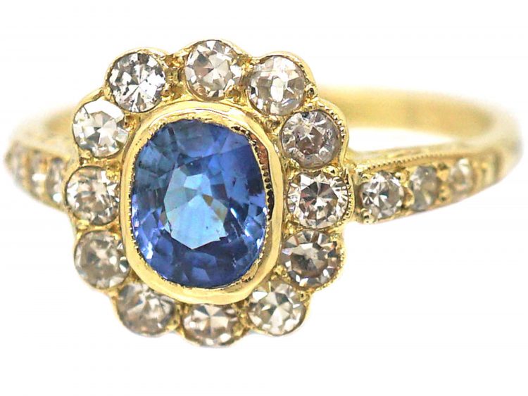 18ct Gold Sapphire & Diamond Cluster Ring with Diamond Set Shoulders