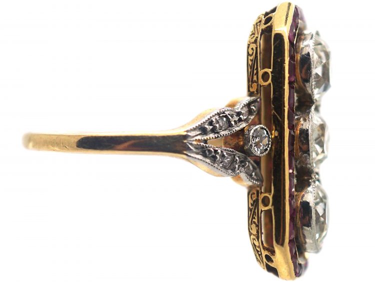 French 18ct Gold & Platinum, Art Deco 18ct Gold & Platinum, Ruby & Diamond Rectangular Ring