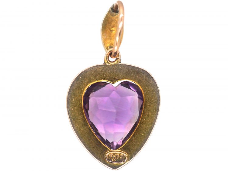Edwardian 9ct Gold, Amethyst & Natural Split Pearl Heart Shaped Pendant