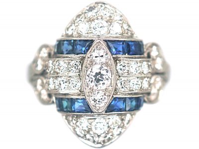 Art Deco Platinum, Diamond & Sapphire Navette Shaped Ring
