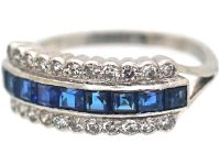 Art Deco Platinum Sapphire & Diamond Three Row Ring