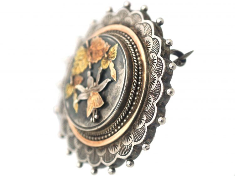 Victorian Silver & Gold Overlay Brooch with Daffodil Motif