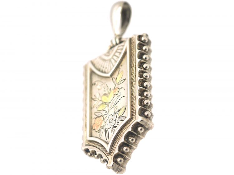Victorian Silver & Gold Overlay Shield Shaped Locket Engraved with Flowers
