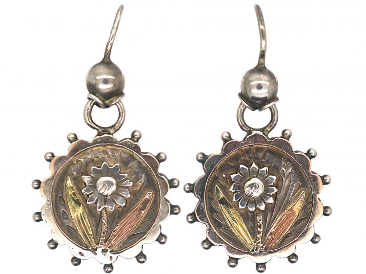Victorian Aesthetic Period Silver & Gold Overlay Drop Earrings with Flower Motif