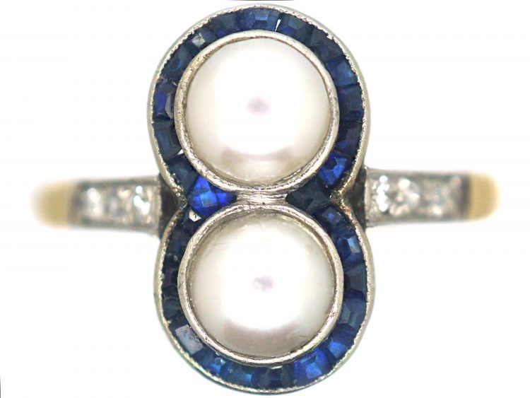 Art Deco 18ct Gold & Platinum, Natural Pearl, Sapphire & Diamond Ring
