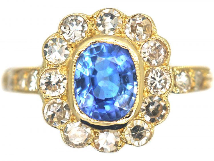 18ct Gold Sapphire & Diamond Cluster Ring with Diamond Set Shoulders