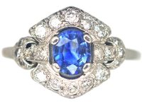 Art Deco Platinum, Sapphire & Diamond Cluster Ring with Ornate Shoulders