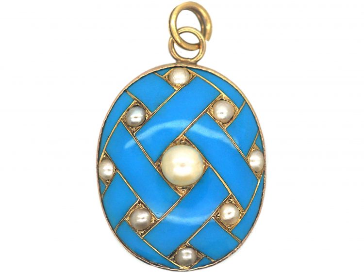 Victorian 15ct Gold Oval Locket with Turquoise Blue Enamel & Natural Split Pearls