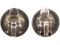 Art Deco Silver, Marcasite & Cabochon Garnet Round Clip On Earrings