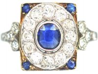 Art Deco 14ct Gold & Platinum, Sapphire & Diamond Rectangular Cluster Ring