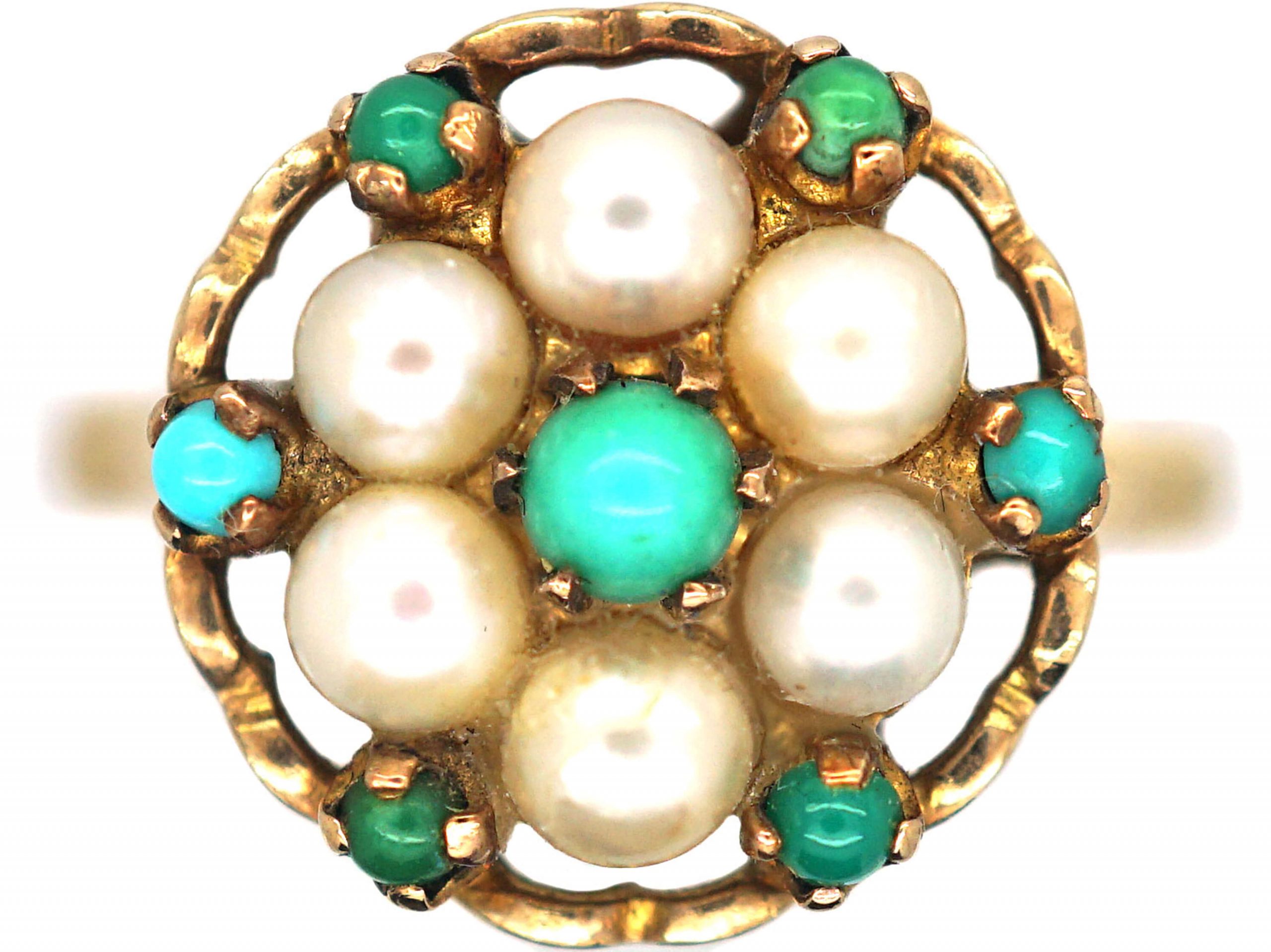 1960s 9ct Gold Pearl & Turquoise, "Flower Power" Cluster Ring 1960s 9ct Gold Pearl & Turquoise, "Flower Power" Cluster Ring