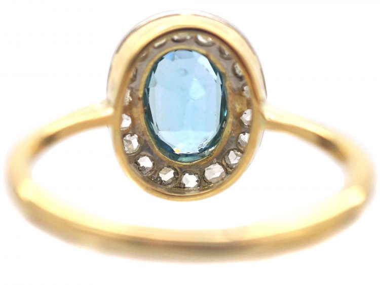 Edwardian 18ct Gold & Platinum, Aquamarine & Rose Diamond Oval Cluster Ring with Millgrain Detail