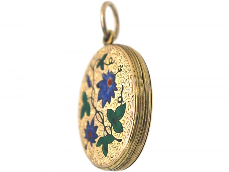 Victorian Oval 9ct Gold Back & Front Locket with Enamelled Passion Flowers
