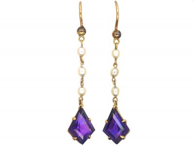 Art Deco 15ct Gold, Kite Shaped Amethyst & Natural Pearl Drop Earrings