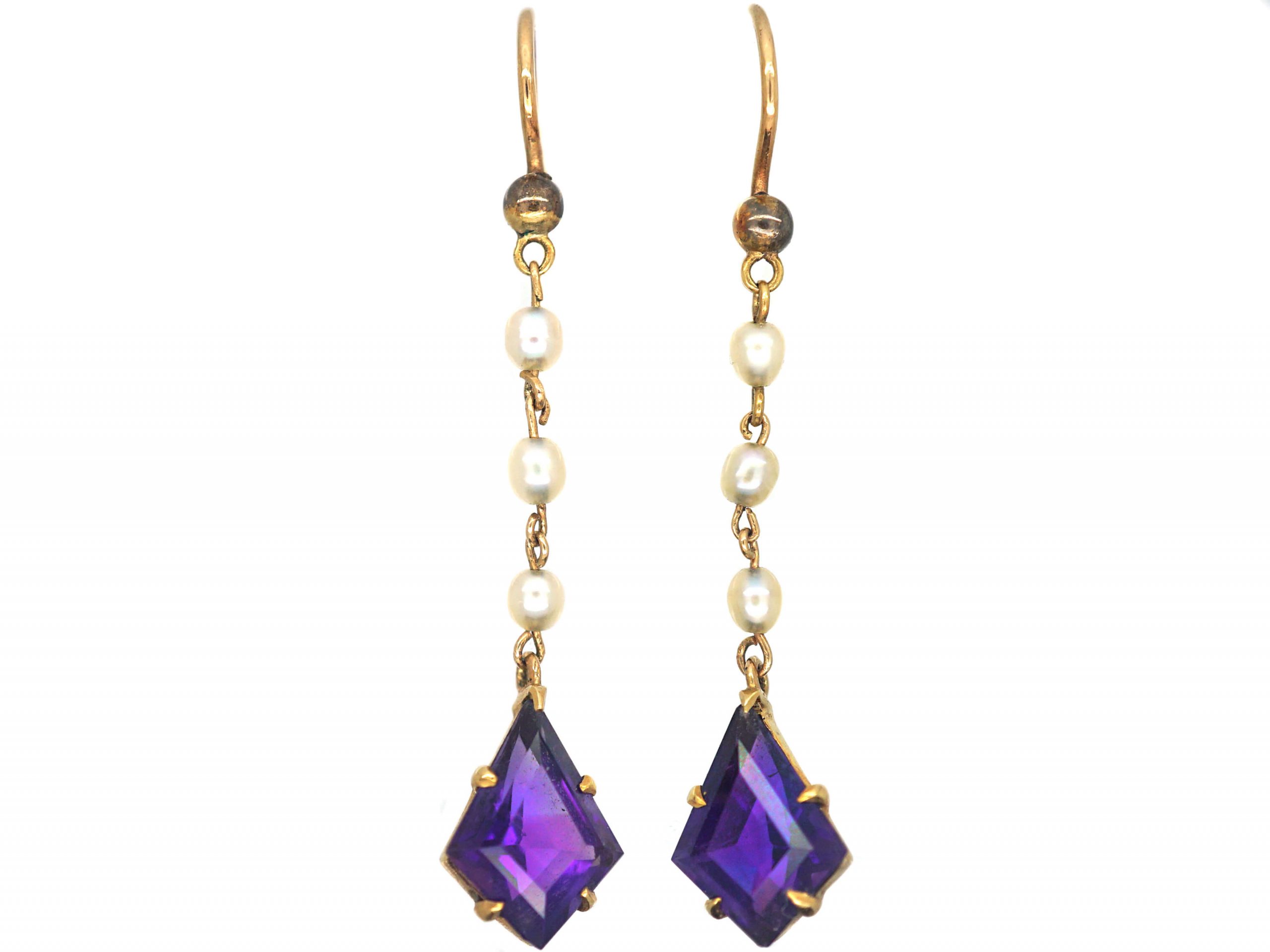 Art Deco 15ct Gold, Kite Shaped Amethyst & Natural Pearl Drop Earrings ...