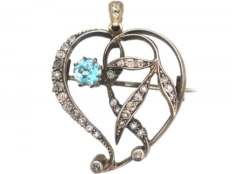 Art Nouveau Witch's Heart Pendant set with an Aquamarine & Diamonds