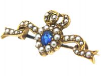 Edwardian 15ct Gold Ribbon & Heart Brooch with Crown set with a Sapphire, Diamonds & Split Pearls Brooch