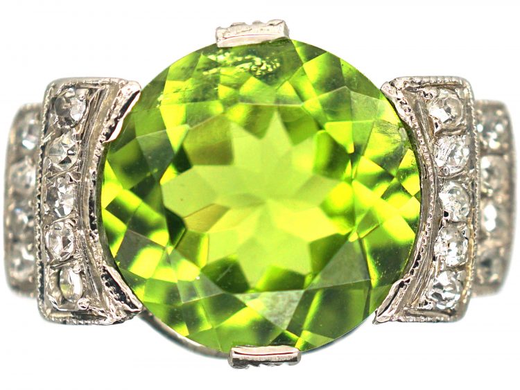French Art Deco Platinum, Peridot & Diamond Ring