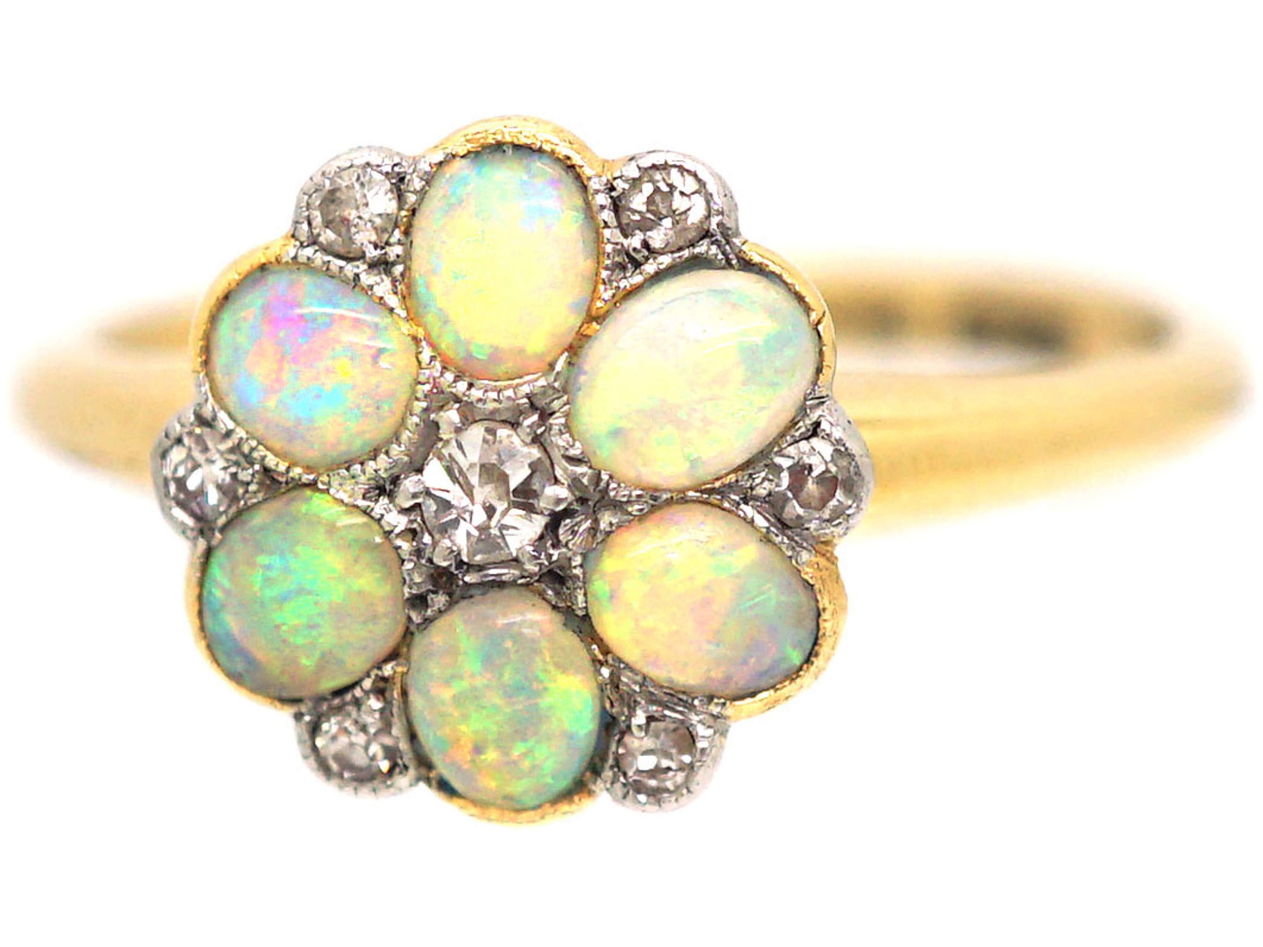 Edwardian 18ct Gold & Platinum, Opal & Diamond Flower Cluster Ring ...