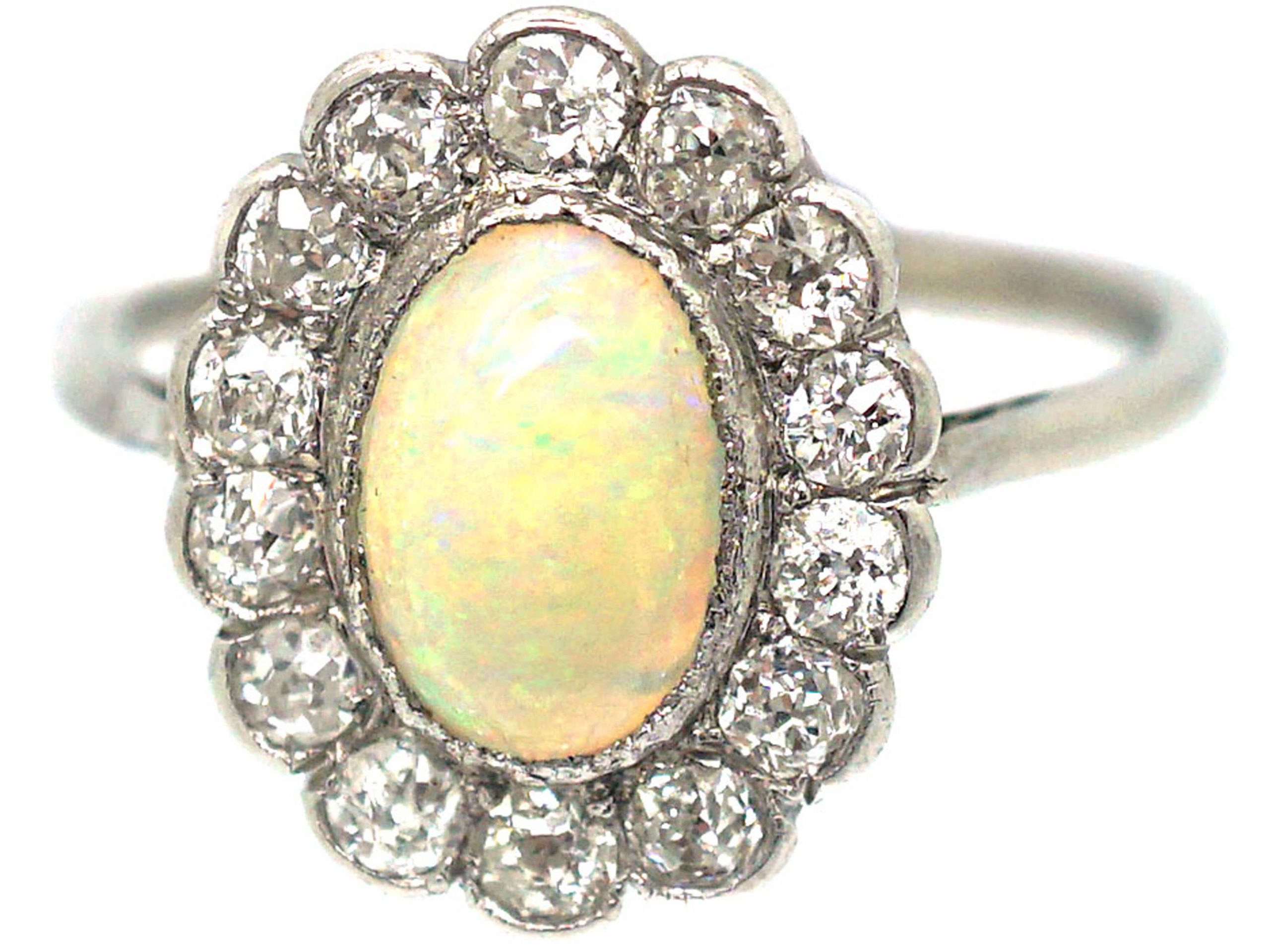 Art Deco Platinum, Opal & Diamond Cluster Ring (380R) | The Antique ...