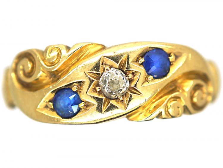 Edwardian 18ct Gold, Sapphire & Diamond Scroll Design Ring