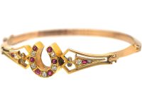 Victorian 15ct Gold, Ruby & Diamond Bangle with Horseshoe Motif