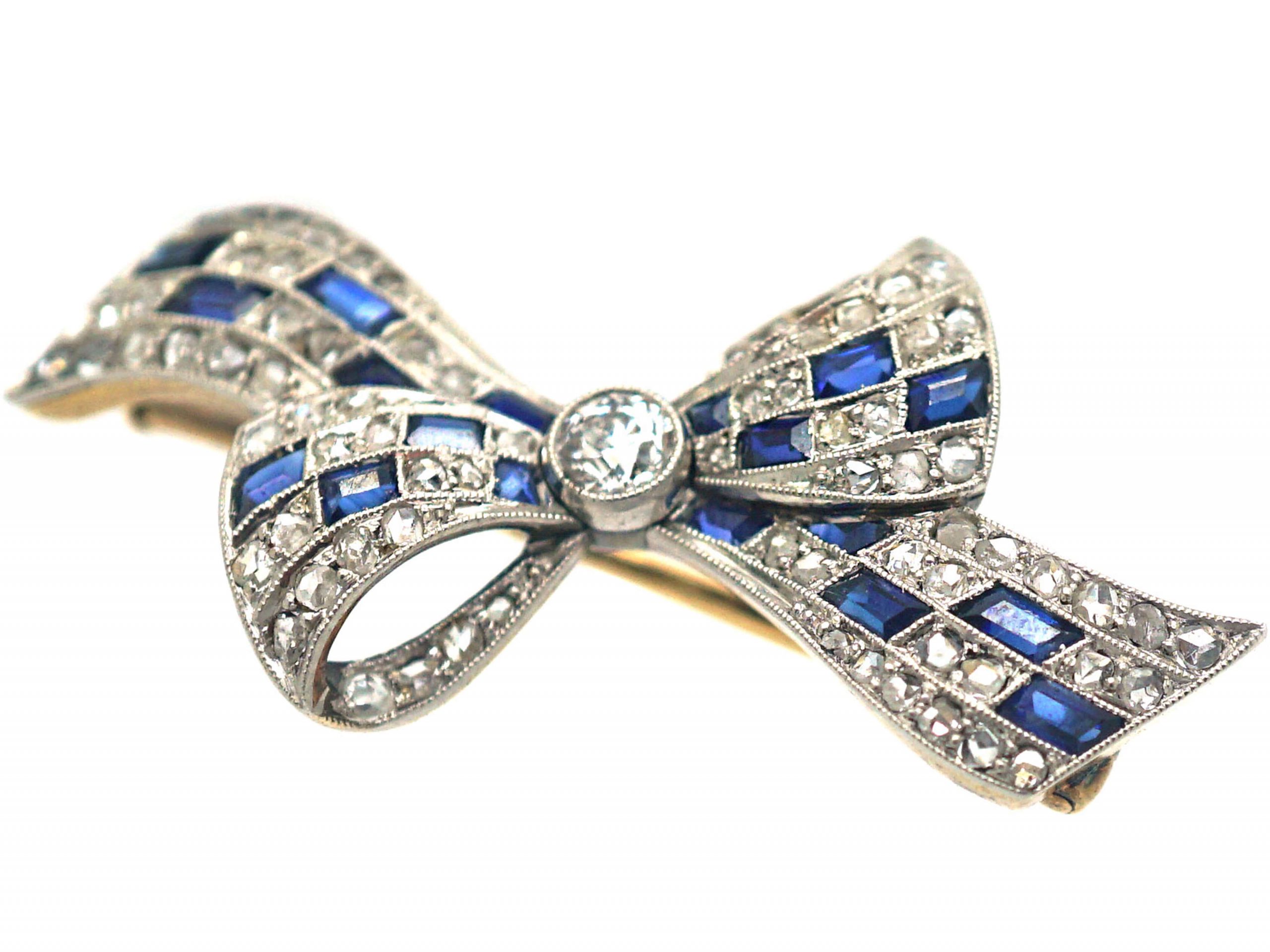 Art Deco 14ct Gold & Platinum, Sapphire & Diamond Bow Brooch by Pistol ...