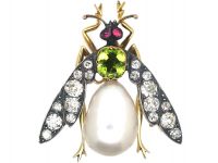 French Late 19th Century 18ct Gold & Silver, Diamond, Peridot & Pearl Bee Brooch with Ruby Eyes