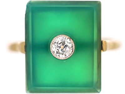 Art Deco Green Chalcedony & Diamond Rectangular Ring