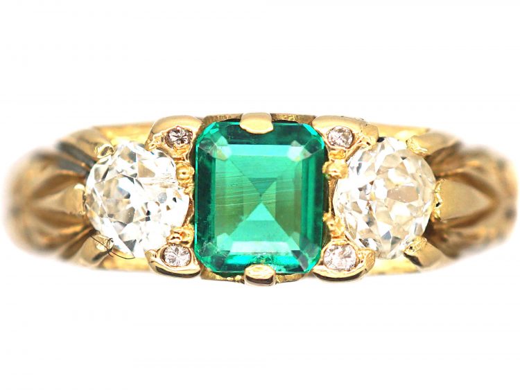 Victorian Carved Half Hoop Ring set with an Emerald & Diamonds