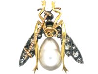 French Late 19th Century 18ct Gold & Silver, Diamond, Peridot & Pearl Bee Brooch with Ruby Eyes