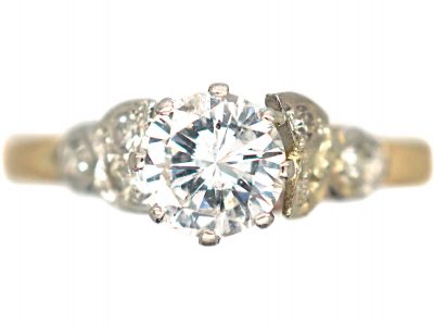 Art Deco 18ct Gold & Platinum, Diamond Solitaire Ring with Diamond Set Leaf Shoulders
