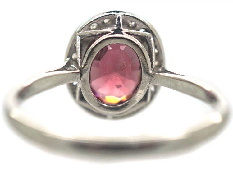 Art Deco Platinum, Natural Red Spinel & Diamond Oval Cluster Ring