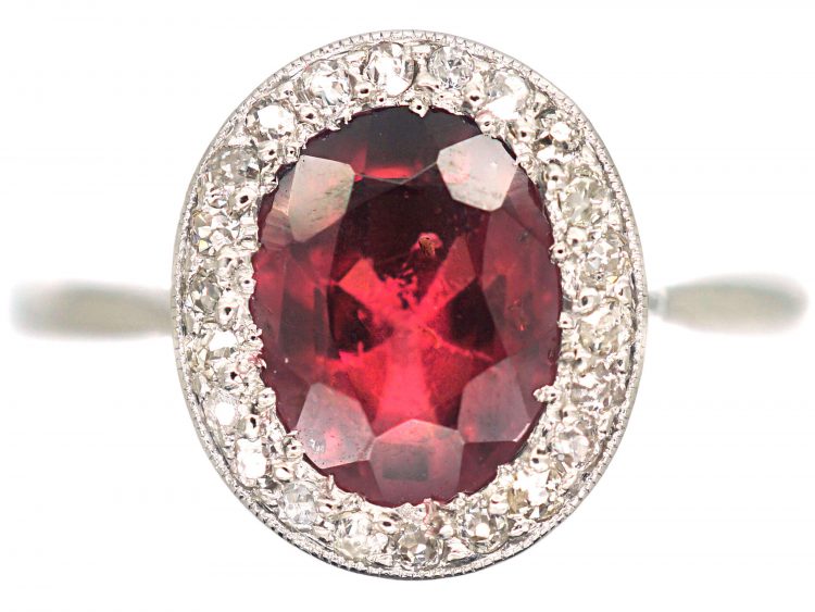 Art Deco Platinum, Natural Red Spinel & Diamond Oval Cluster Ring