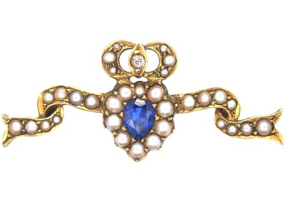 Edwardian 15ct Gold Ribbon & Heart Brooch with Crown set with a Sapphire, Diamonds & Split Pearls Brooch