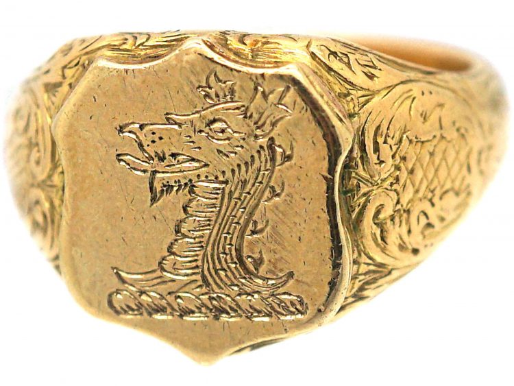 Victorian 18ct Gold Shield Shaped Signet Ring with Engraving of a Dragon